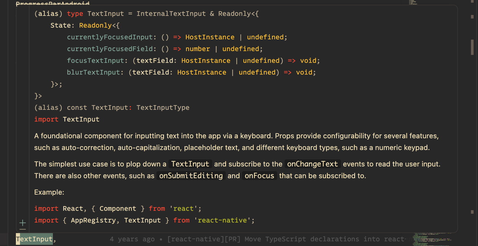 Hovering the TextInput symbol under the Strict API, showing full type information and documentation
